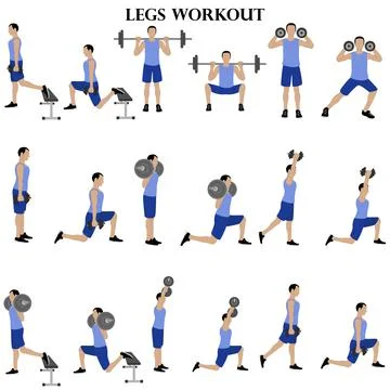 Workout man set. Legs workout illustration. Male doing fitness exercises illu Stock Illustration