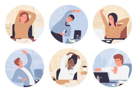 Workout in office, people doing stretching exercise during work break in round Stock Illustration
