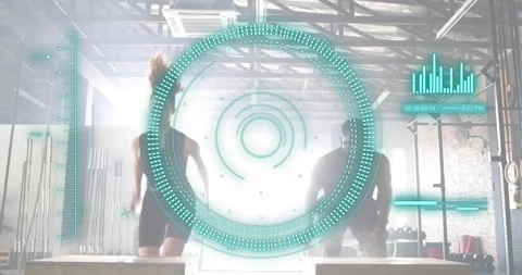 Workout partners executing explosive box jumps in gym, initiating rep from squat Video stock 318140880