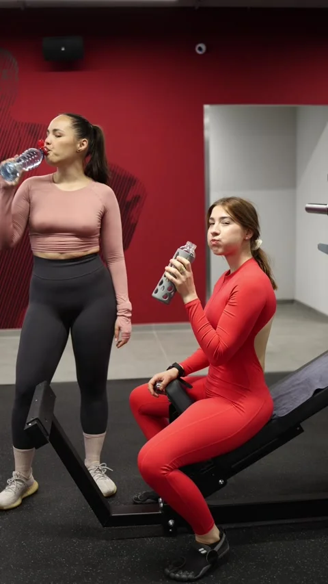 Workout partners hydrate between gym exercises Stock Footage 337956844
