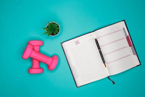 Workout plan in notebook. Flat lay of calendar plan with pink dumbbell Foto stock