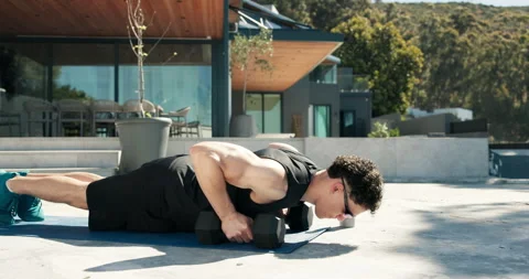 Workout, push up and dumbbell with man outdoor for bodybuilder, ab exercise and Stock Footage 321354464