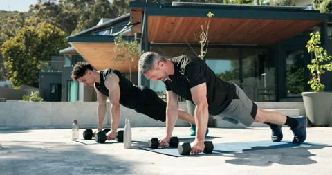 Workout, push up and team with men outdoor for bodybuilder, exercise and Stock Footage 321465711