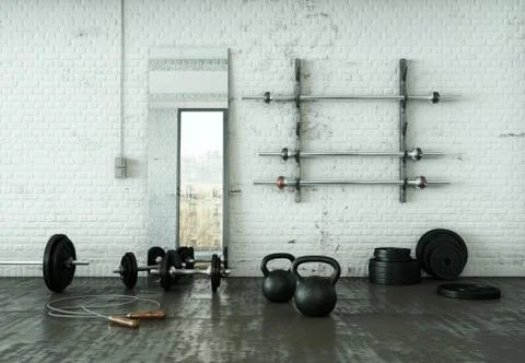 Workout Room with different Weight Lifting Equipment dumbbell, barbell Stock Illustration