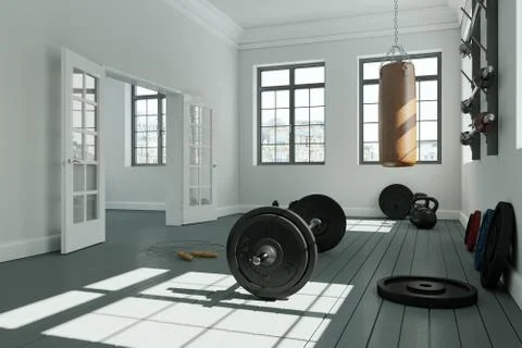 Workout Room with different Weight Lifting Equipment dumbbell, barbell Stock Illustration