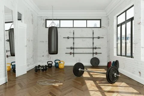 Workout Room with different Weight Lifting Equipment dumbbell, barbell Stock Illustration