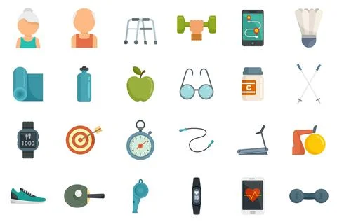 Workout seniors icons set flat isolated Stock Illustration