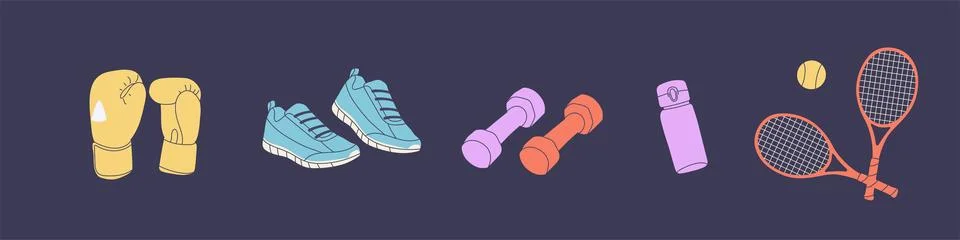 Workout stuff bundle. Various sport inventory set. Isolated flat vector illus Stock Illustration