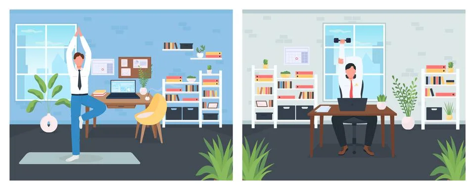 Workout in workplace flat color vector illustration set Stock Illustration