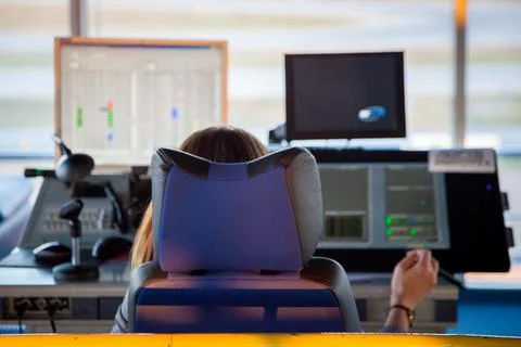 The workplace of an air traffic controller. Background - Airport Dispatch Tower Foto stock