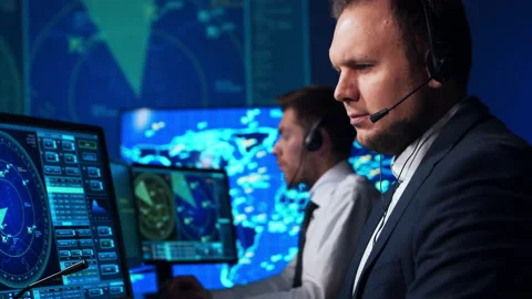 Workplace of the air traffic controllers in the control tower. Team of aircraft Stock Footage 145201202