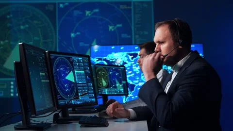 Workplace of the air traffic controllers in the control tower. Team of aircraft Stock Footage 145770502
