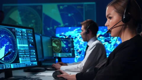 Workplace of the air traffic controllers in the control tower. Team of aircraft Video stock 145828775