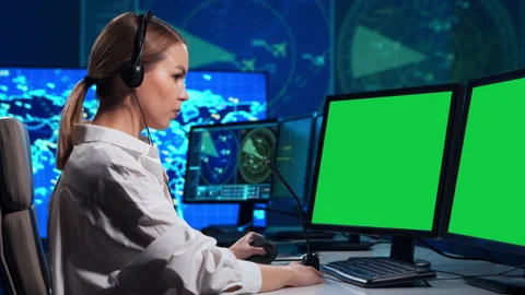 Workplace of the air traffic controllers in the control tower. Professional air Stock Footage 163227585