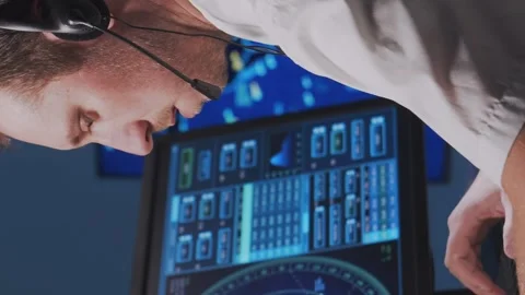 Workplace of the air traffic controllers in the control tower. Team of Stock Footage 262968486