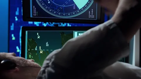 Workplace of the air traffic controllers in the control tower. Team of Stock Footage 268391771