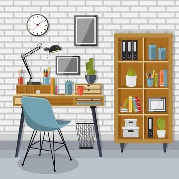 Workplace and shelving unit with gray brick wall Stock Illustration