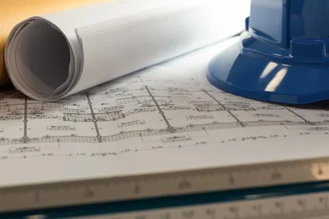 Workplace of architect - Architect rolls and plans.architectural plan,techn.. Stock Photos