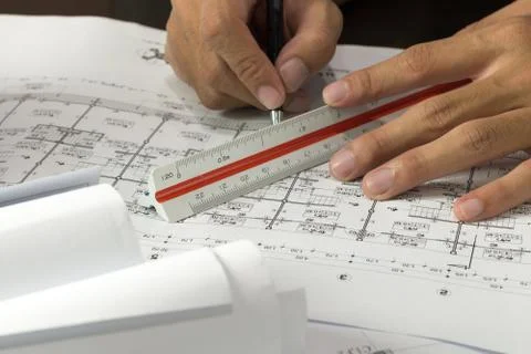 Workplace of architect - Architect rolls and plans.architectural plan,techn.. Stock Photos