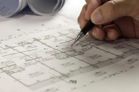Workplace of architect - Architect rolls and plans.architectural plan,techn.. Stock Photos