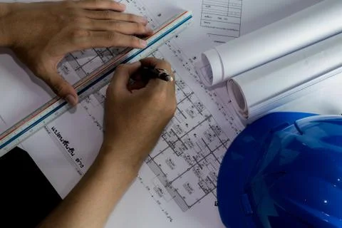 Workplace of architect - Architect rolls and plans.architectural plan,techn.. Stock Photos