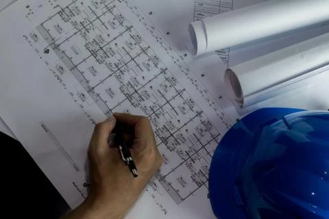 Workplace of architect - Architect rolls and plans.architectural plan,techn.. Stock Photos