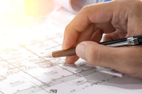 Workplace of architect - Architect rolls and plans.architectural plan,techn.. Stock Photos