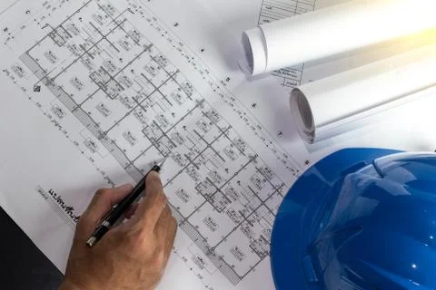 Workplace of architect - Architect rolls and plans.architectural plan,techn.. Stock Photos