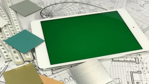 Workplace of the architect: architectural plans of the modern house - blueprints Stock Footage 93658650