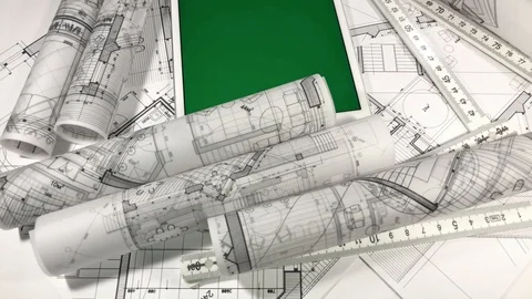 Workplace of the architect: architectural plans of the modern house - blueprints Stock Footage 93867831