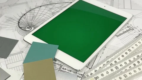 Workplace of the architect: architectural plans of the modern house - blueprints Stock Footage 93868139