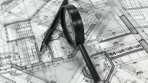 Workplace of the architect: architectural plans of the modern house - blueprints Stock Footage 93995038