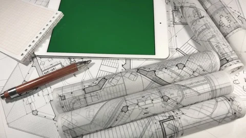 Workplace of the architect: architectural plans of the modern house - blueprints Stock Footage 94128168