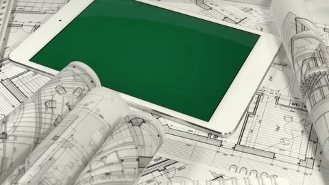 Workplace of the architect: architectural plans of the modern house - blueprints Stock Footage 94388382