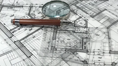 Workplace of the architect: architectural plans of the modern house - blueprints Stock Footage 94459046