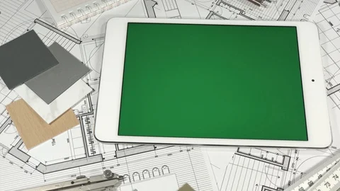 Workplace of the architect: architectural plans of the modern house - blueprints Stock Footage 94527005