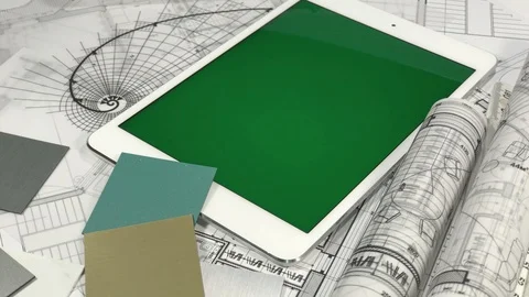 Workplace of the architect: architectural plans of the modern house - blueprints Stock Footage 94532686
