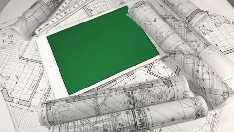 Workplace of the architect: architectural plans of the modern house - blueprints Stock Footage 94536280