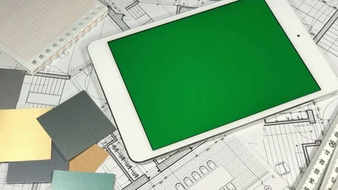 Workplace of the architect: architectural plans of the modern house - blueprints Stock Footage 94602356
