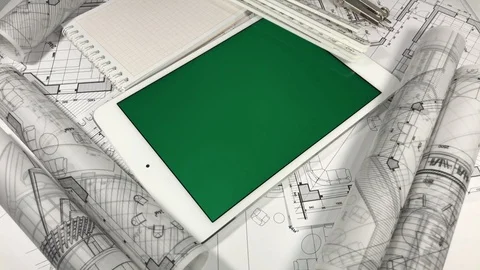 Workplace of the architect: architectural plans of the modern house - blueprints Stock Footage 94602426