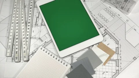 Workplace of the architect: architectural plans of the modern house - blueprints Stock Footage 94665094