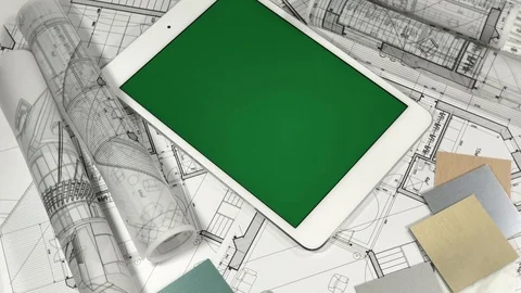 Workplace of the architect: architectural plans of the modern house - blueprints Stock Footage 94760577
