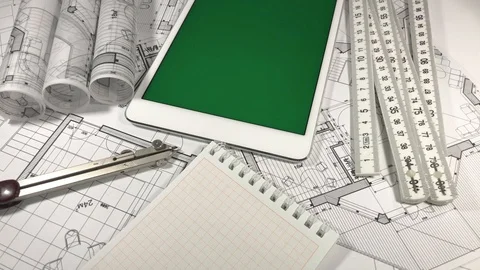 Workplace of the architect: architectural plans of the modern house - blueprints Stock Footage 94962103