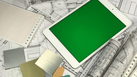 Workplace of the architect: architectural plans of the modern house - blueprints Stock Footage 94962133