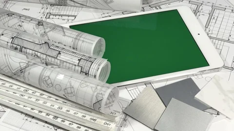 Workplace of the architect: architectural plans of the modern house - blueprints Stock Footage 95042140