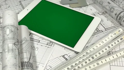 Workplace of the architect: architectural plans of the modern house - blueprints Stock Footage 95676807