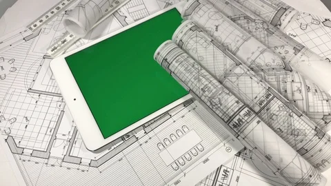 Workplace of the architect: architectural plans of the modern house - blueprints Stock Footage 96341187