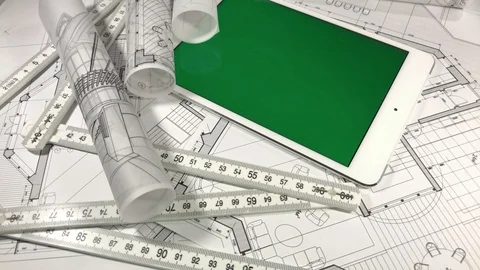 Workplace of the architect: architectural plans of the modern house - blueprints Stock Footage 96411755