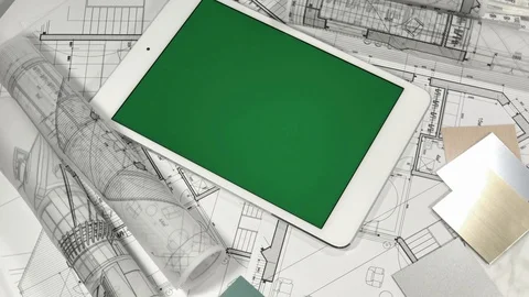 Workplace of the architect: architectural plans of the modern house - blueprints Stock Footage 96418792