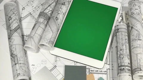 Workplace of the architect: architectural plans of the modern house - blueprints Stock Footage 96491077